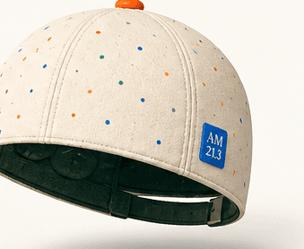 Rendered wearable hat prototype with a speckled cream exterior and blue AM 21.3 patch